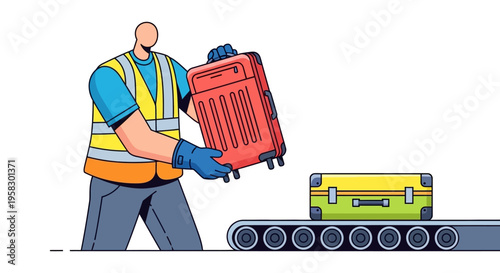 Airport worker handling luggage on conveyor belt.