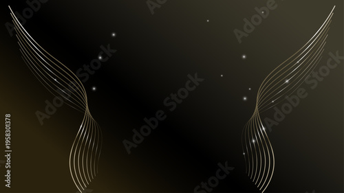 黒背景に黄金のラインが舞う抽象的な翼のイメージ 豪華でスピリチュアルな輝きのバックグラウンド