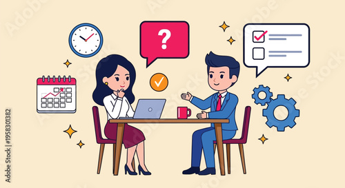 Cartoon illustration of a businessman and businesswoman discussing tasks at a desk with a laptop, calendar, clock, and planning icons around them in a flat design with a light background.