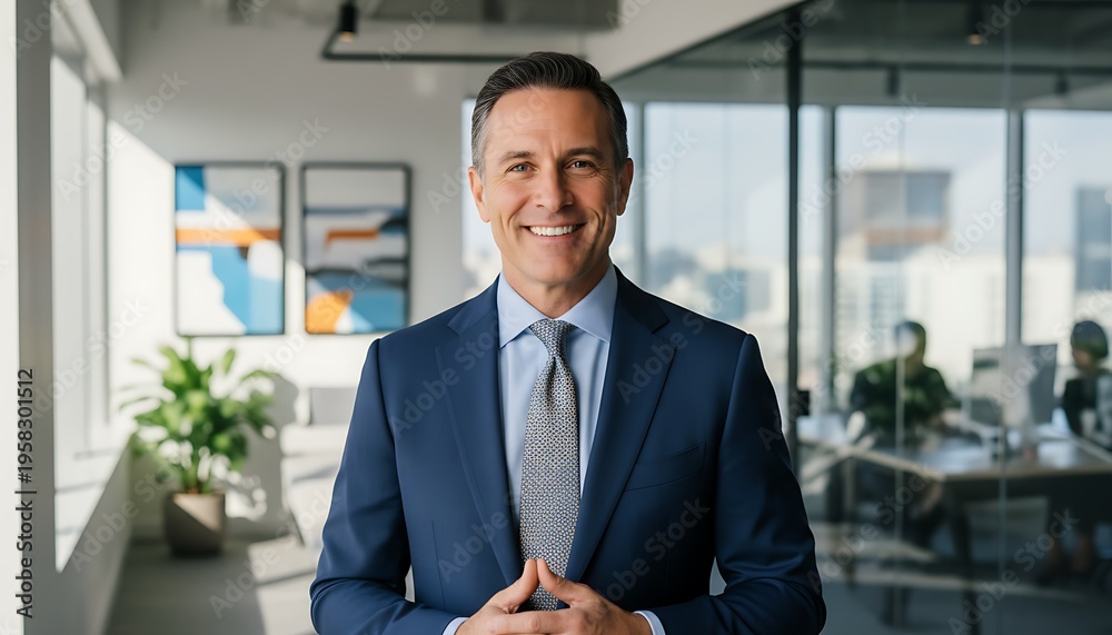 Fototapeta premium A confident businessman standing in a modern office with a city view