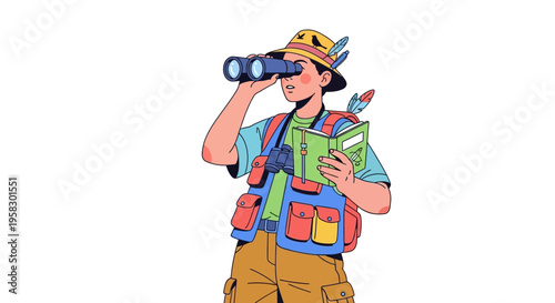 Adventurous Explorer with Binoculars and Field Guide.