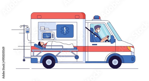 Ambulance rushing patient to hospital with medical equipment.