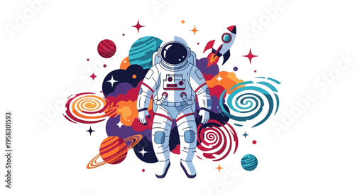 Astronaut floating in colorful galaxy with planets and stars.