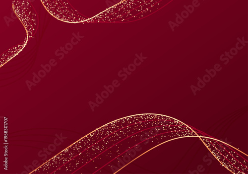 高級感のあるボルドーレッドの背景素材と流れるようなゴールドのキラキラ光るラインの抽象的なベクターイラスト