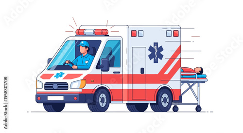 Ambulance vehicle with medical personnel and patient transport.