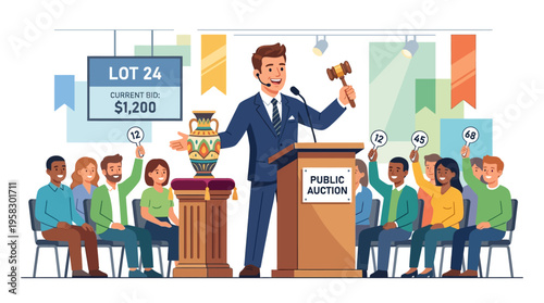 Auctioneer leading a lively public auction with bidders raising hands.