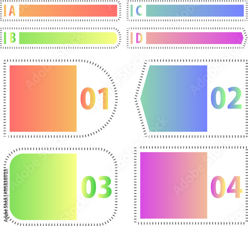 鮮やかなグラデーションカラーのインデックスとステップ番号付きの見出し用フレームセット