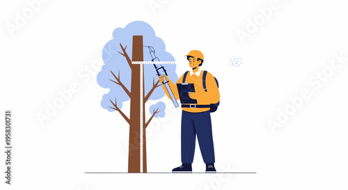 Arborist trimming tree with professional equipment safety gear.