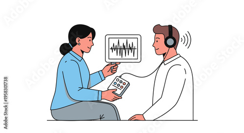 Audiologist performing hearing test on patient with headphones.