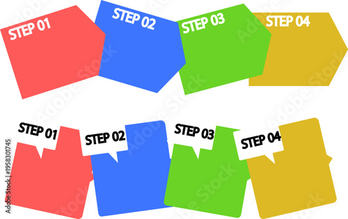 変形した多角形や吹き出しを組み合わせたダイナミックな4ステップのプロセス図用ベクター素材