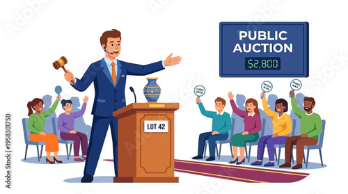 Auctioneer leading a lively public auction event with bidders.