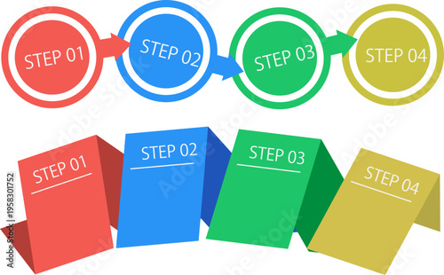 丸いアイコンを繋ぐ矢印と立体的な折り紙風のパネルを配置した4ステップのワークフロー素材