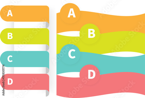 ゆったりとした曲線が特徴的な4色の見出し用バナーと円形インデックスのインフォグラフィック素材