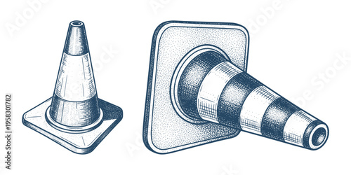 Road safety cones for traffic control and construction zone warning signs engraving style vector set