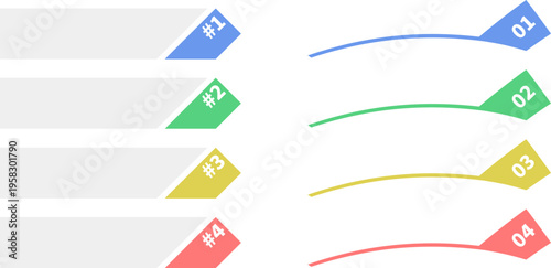 青・緑・黄・赤のカラフルなインデックスバナーと流線型の見出しラベルセット。ステップアップや箇条書きのビジネス資料向けベクターイラスト。