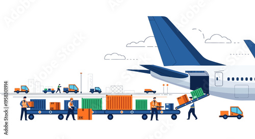 Air Cargo Logistics Loading Freight Plane Train Containers.