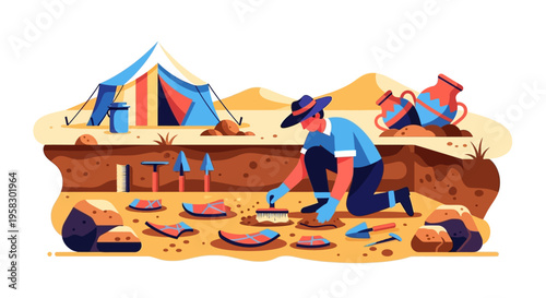 Archaeologist carefully excavating ancient artifacts from historical site.