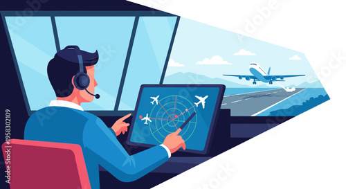 Air Traffic Controller Working in Control Tower Monitoring Radar.