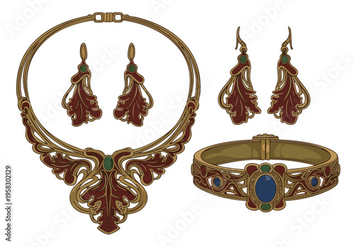 Elegant gold-plated jewelry set featuring ornate earrings, necklace, and bracelet with jewel accents