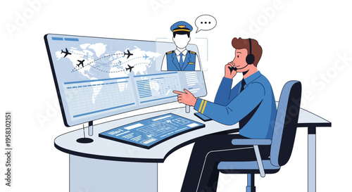 Air Traffic Controller Working on Advanced Technology System.