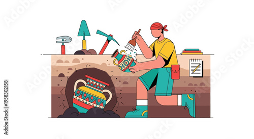 Archaeologist carefully excavating ancient pottery artifact.
