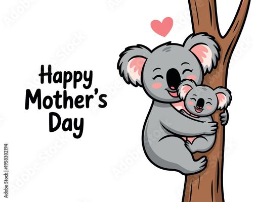 A heartwarming illustration of a mother koala and her baby koala celebrating Mother's Day with a tender hug on a tree.