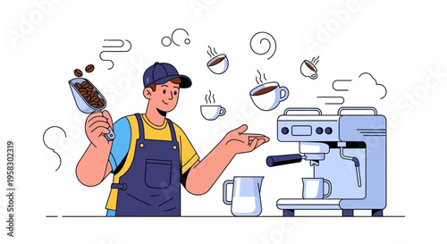 Barista preparing coffee with espresso machine and beans.