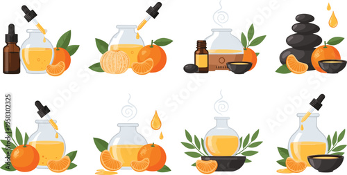 Orange essential oil skincare vector set with citrus fruits, dropper bottles and spa elements, natural aromatherapy beauty collection isolated on white background illustration