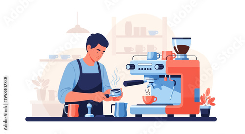 Barista preparing coffee with espresso machine and grinder.