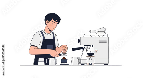 Barista preparing coffee with espresso machine and grinder.