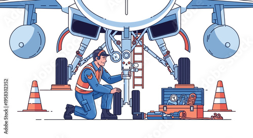 Aircraft mechanic performing maintenance on airplane landing gear.