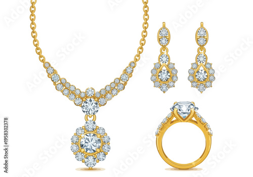 Exquisite 18k Yellow Gold Diamond Pendant Necklace, Matching Earrings, and Solitaire Ring Set
