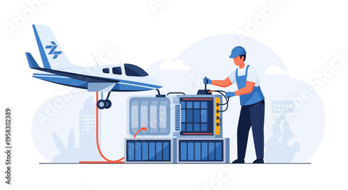 Aircraft refueling process with technician and equipment.