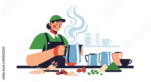 Barista preparing hot beverage with steam rising from pitcher.