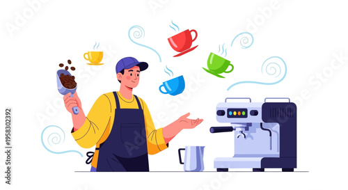 Barista skillfully preparing coffee with espresso machine and cups.