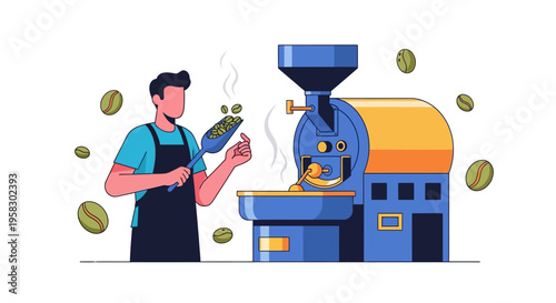 Barista roasting coffee beans with modern equipment and fresh beans.