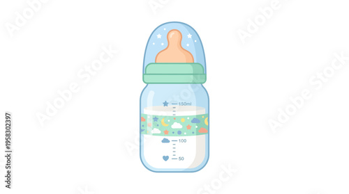 Baby feeding bottle with milk and nipple.