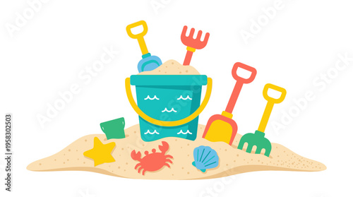 Beach Bucket And Sand Toys For Childrens Fun.