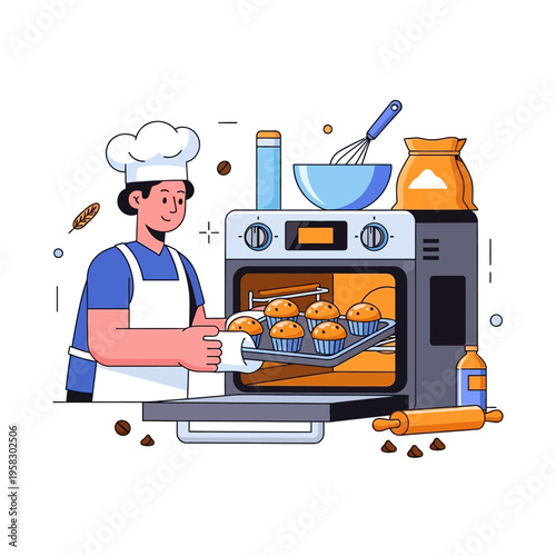 Baker carefully placing muffins into a hot oven.