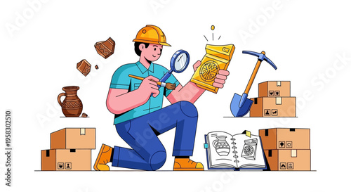 Archaeologist Examining Ancient Artifacts with Magnifying Glass.