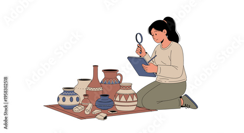Archaeologist examining ancient pottery with magnifying glass.
