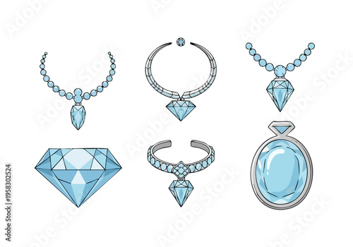 Collection of elegant diamond jewelry, including necklaces, rings, and a loose gemstone for a luxurious and sophisticated aesthetic