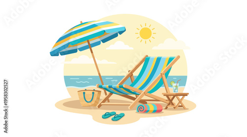 Beach chair umbrella and accessories on sandy shore.