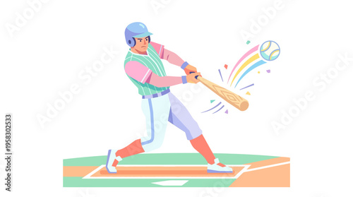 Baseball player swinging bat hitting ball with rainbow effect.