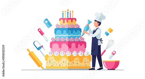 Baker Decorating a Multi-Tiered Birthday Cake with Icing.