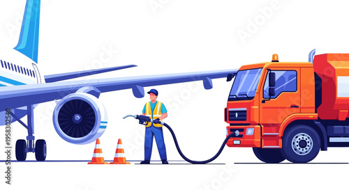 Airplane refueling by worker from tanker truck at airport.