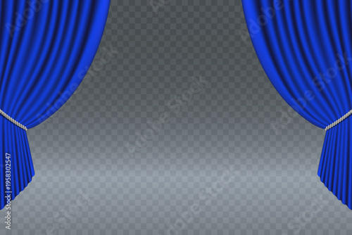 Blue stage curtains opening on transparent background