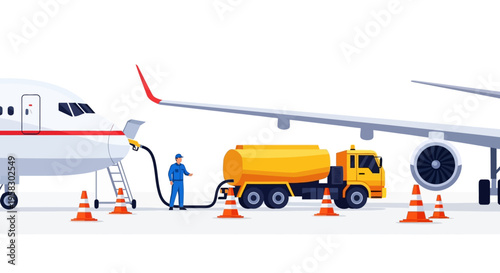 Airplane refueling process at airport tarmac.