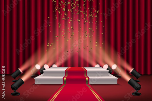 Red carpet stage presenting achievement with golden confetti