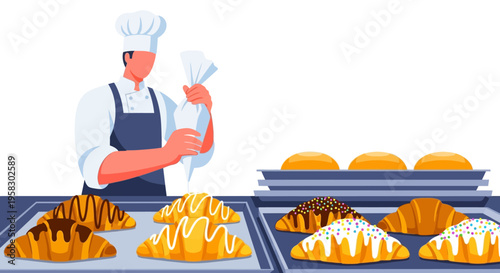 Baker Decorating Croissants with Piping Bag.